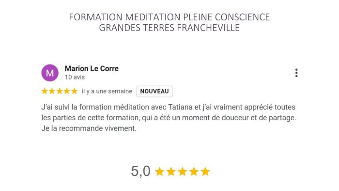 Formation méditation pleine conscience Francheville avis douceur et partages